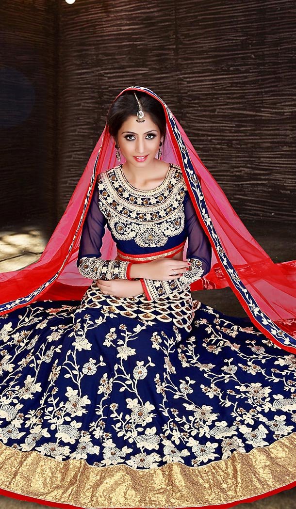Deep Blue Color Net A Line Style Bridal Lehenga Choli | FH490975362
