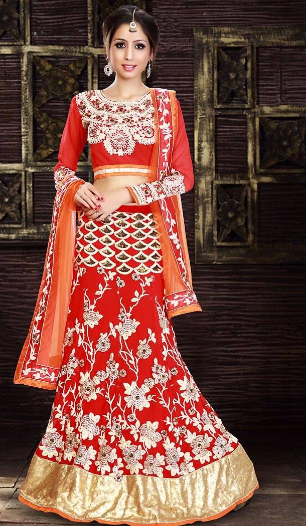 Deep Scarlet Color Net A Line Style Bridal Lehenga Choli | FH490975364