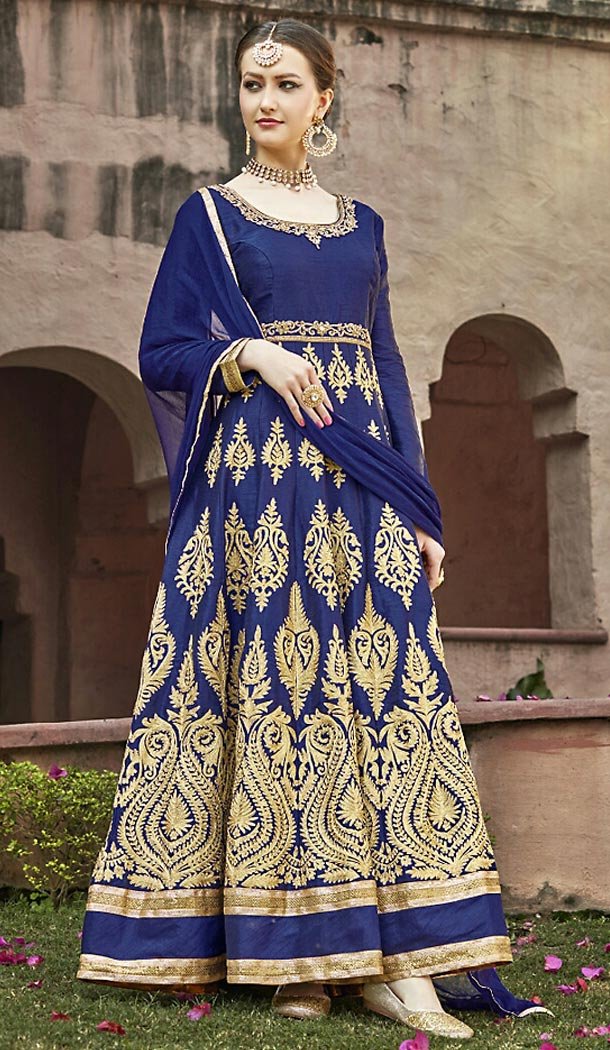 Deep Blue Color Silk Anarkali Style Churidar Kameez | FH491075365