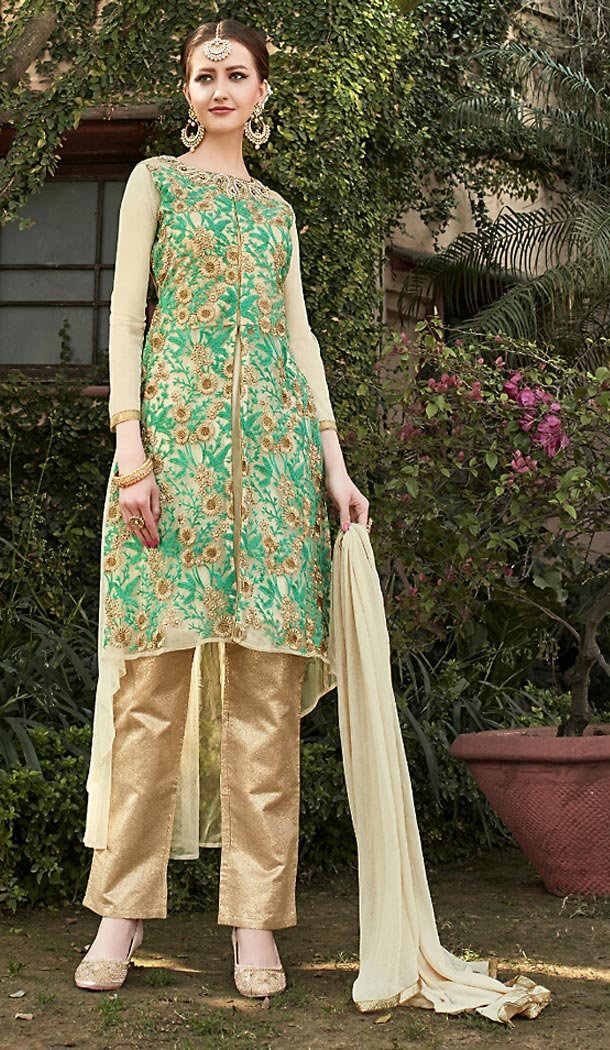 Beige Color Net Achkan Style Narrow Pants Kameez | FH491075366