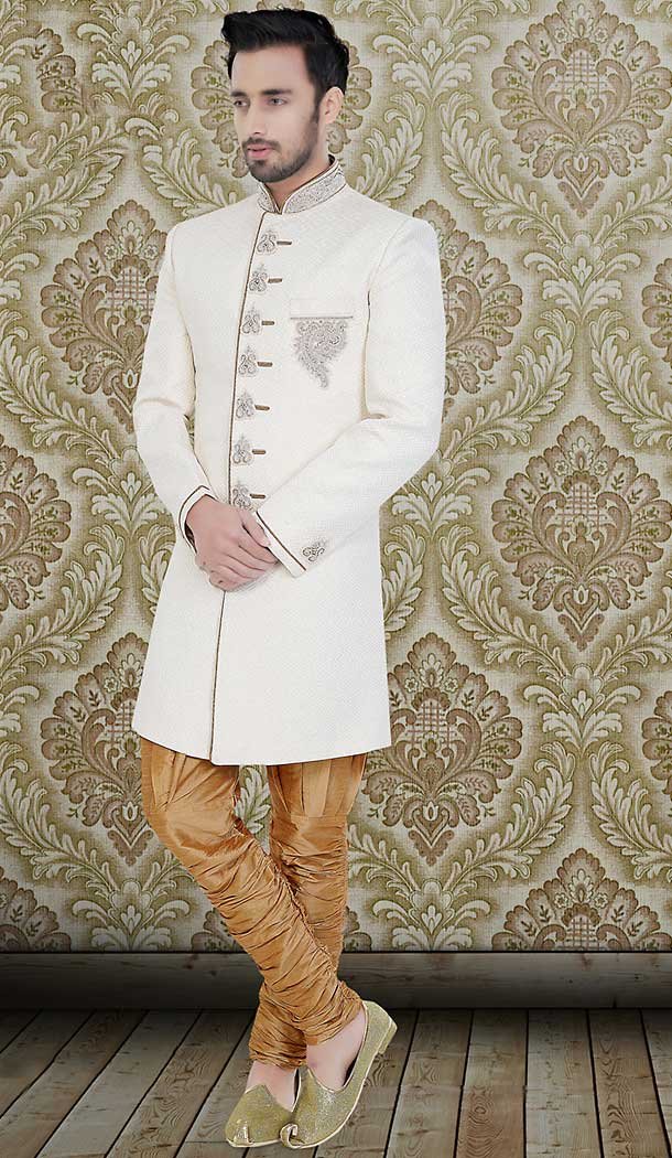 White Color Jacquard Wedding Wear Readymade Short Sherwani | FH492075489