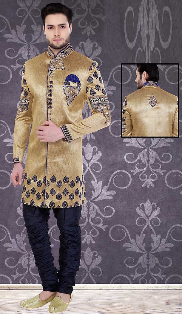 Tan Brown Color Silk Wedding Wear Readymade Short Sherwani | FH492075492