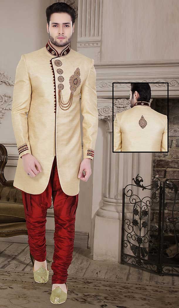 Brown Color Khadi Silk Wedding Wear Readymade Short Sherwani | FH492075493