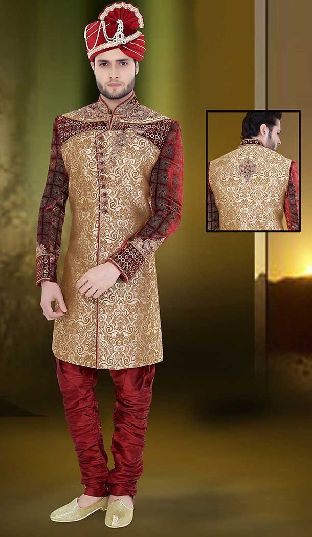 Tan Brown Color Jacquard Wedding Wear Readymade Short Sherwani | FH492075497