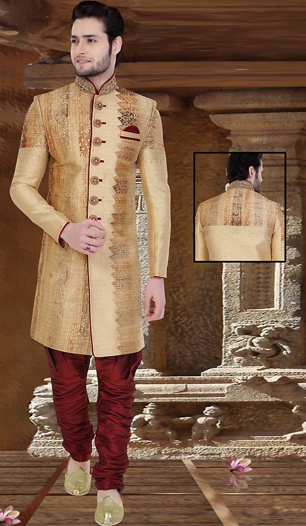 Brown Color Silk Wedding Wear Readymade Short Sherwani | FH492075499