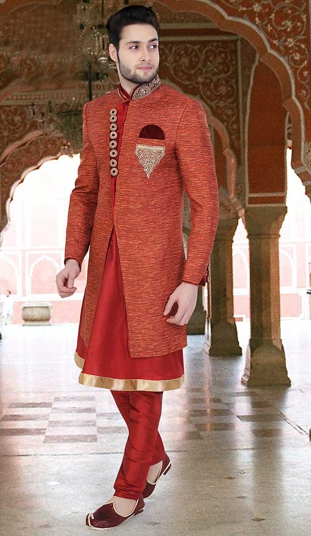 Maroon Color Jute Groom Readymade Wedding Sherwani | FH492175504