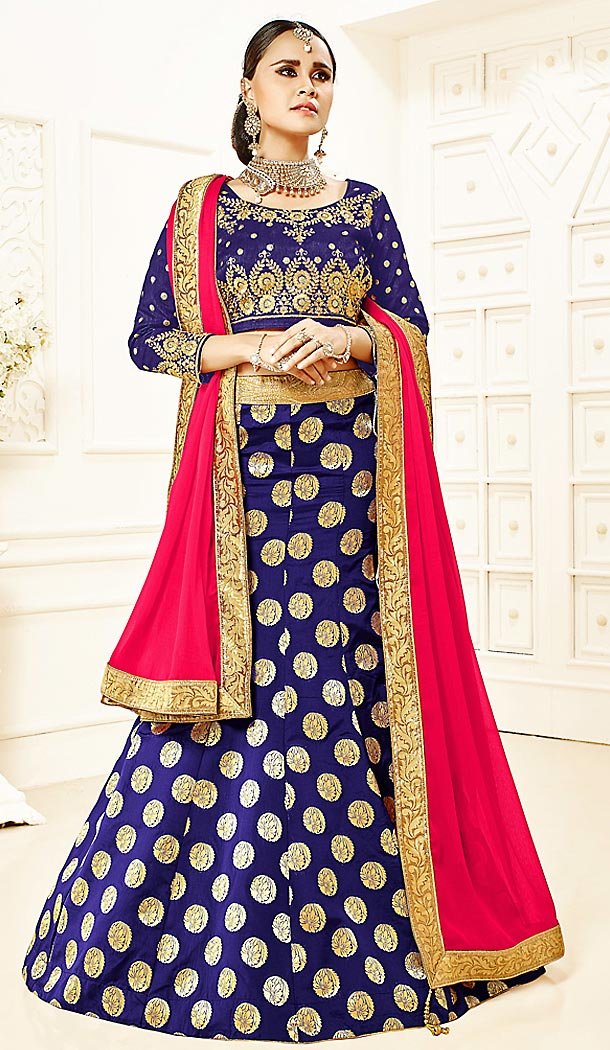 Deep Blue Color Brocade A Line Style Party Ghagra Choli | FH494675812