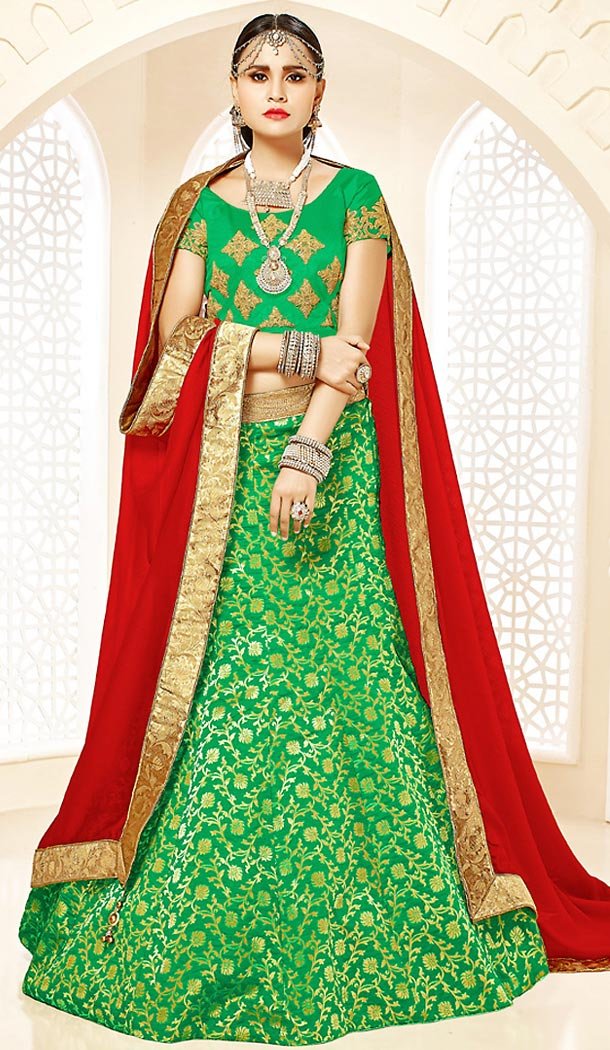 Lime Green Color Brocade A Line Style Party Ghagra Choli | FH494675814