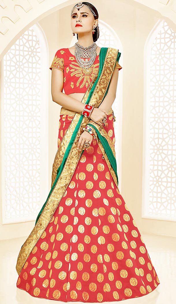 Crimson Color Brocade A Line Style Party Ghagra Choli | FH494675817