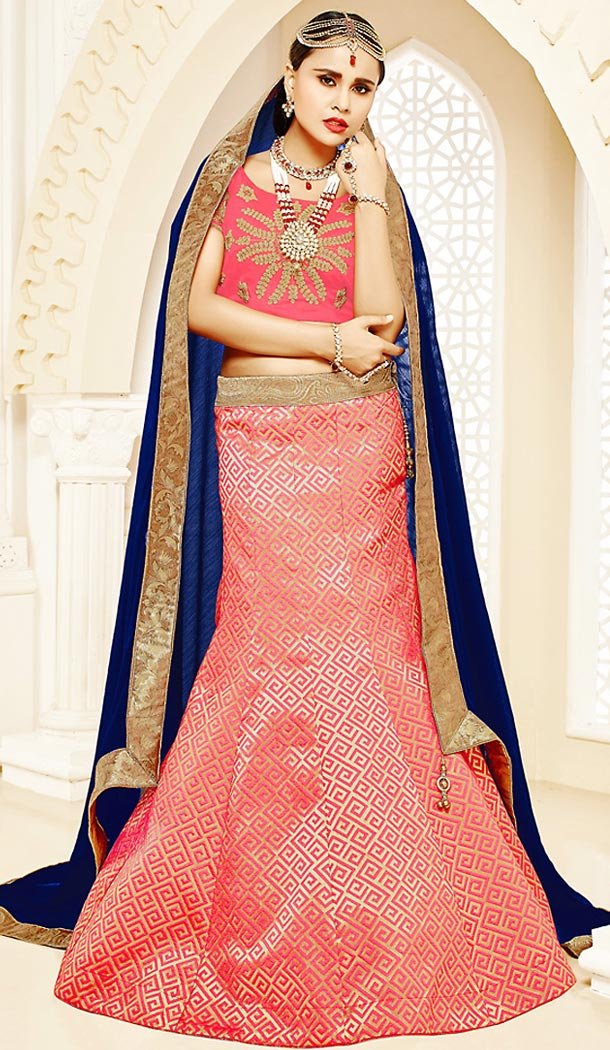 Salmon Color Brocade A Line Style Party Ghagra Choli | FH494675819
