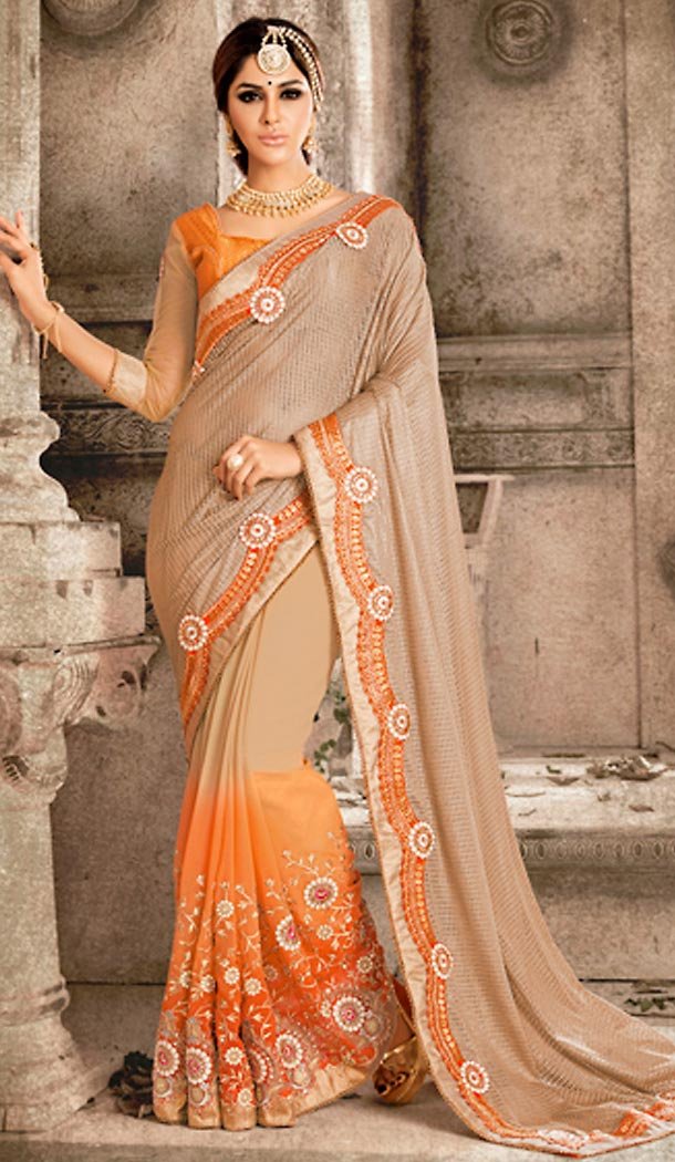 Tan Brown Color Georgette Traditional Wear Saree Blouse | FH494775825