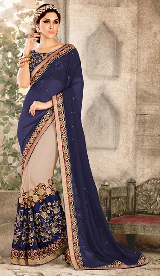 Navy Blue Color Georgette Traditional Wear Saree Blouse | FH494775832