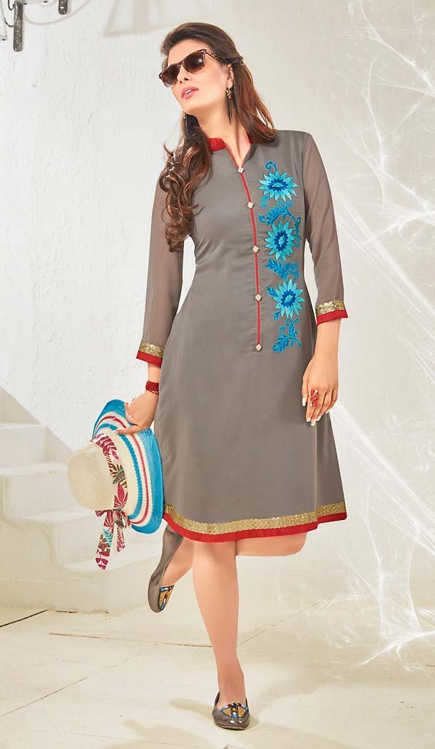 Slate Color Cotton & Satin Straight Readymade Kurtis | FH494875838