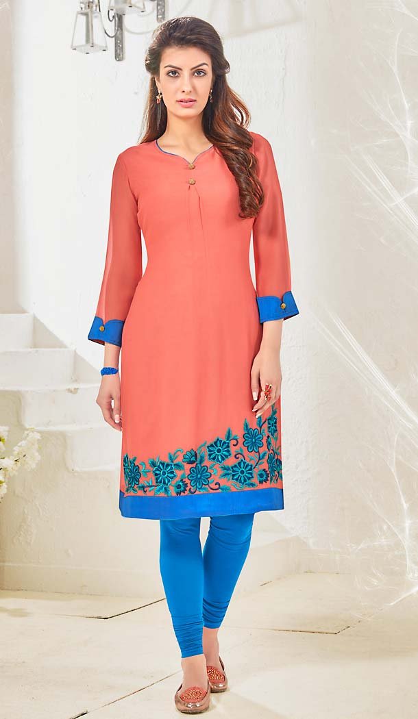 Salmon Color Cotton & Satin Straight Readymade Kurtis | FH494875846