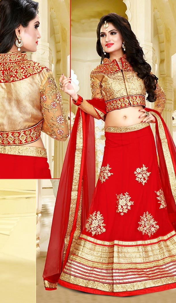 Deep Scarlet Color Net Circular Style Designer Wear Lehenga Choli | FH495875972