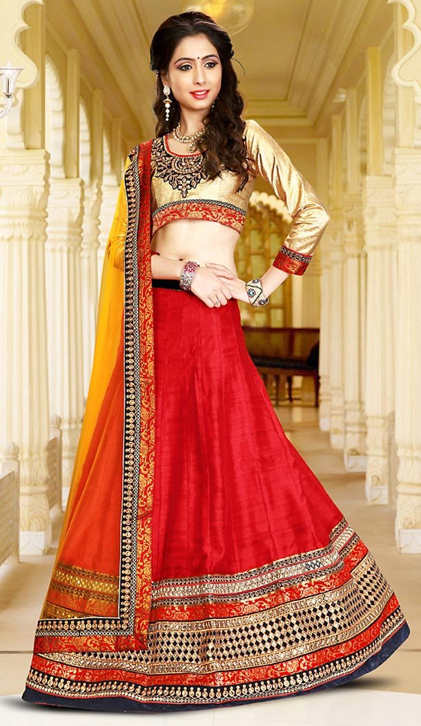 Deep Scarlet Color Silk Circular Style Designer Wear Lehenga Choli | FH495875977