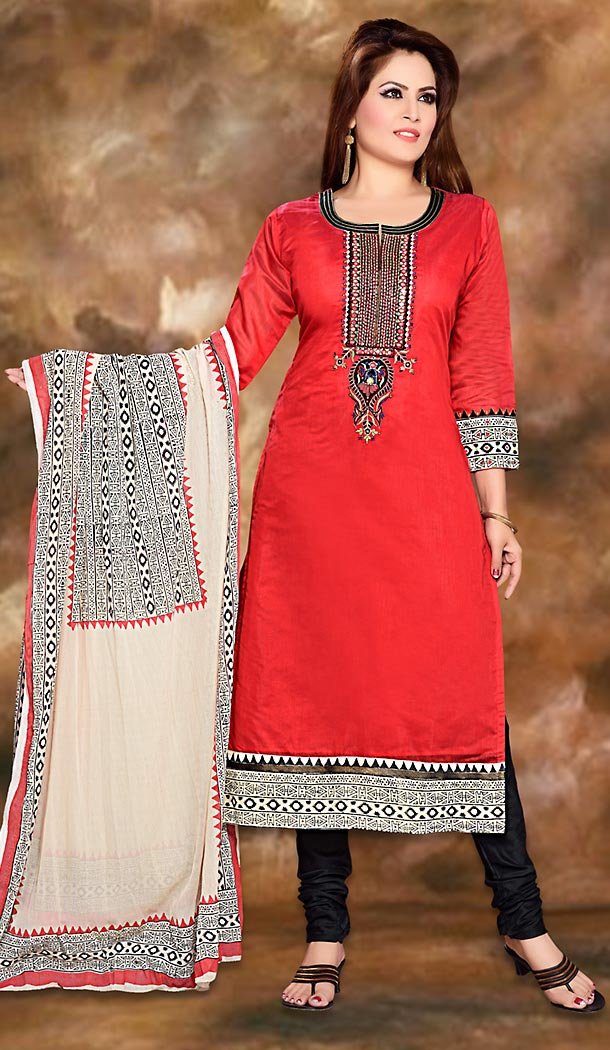 Deep Scarlet Color Cotton Silk Straight Cut Readymade Churidar Suit | FH496976129