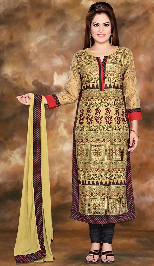 Beige Color Cotton Silk Straight Cut Readymade Churidar Suit | FH496976131