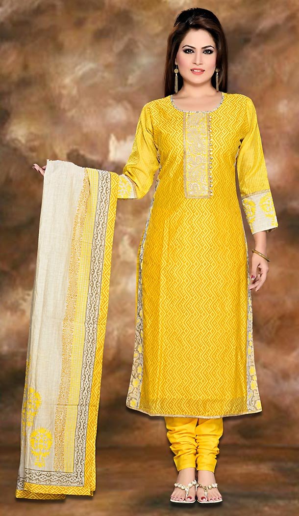 Yellow Color Cotton Silk Straight Cut Readymade Churidar Suit | FH496976132