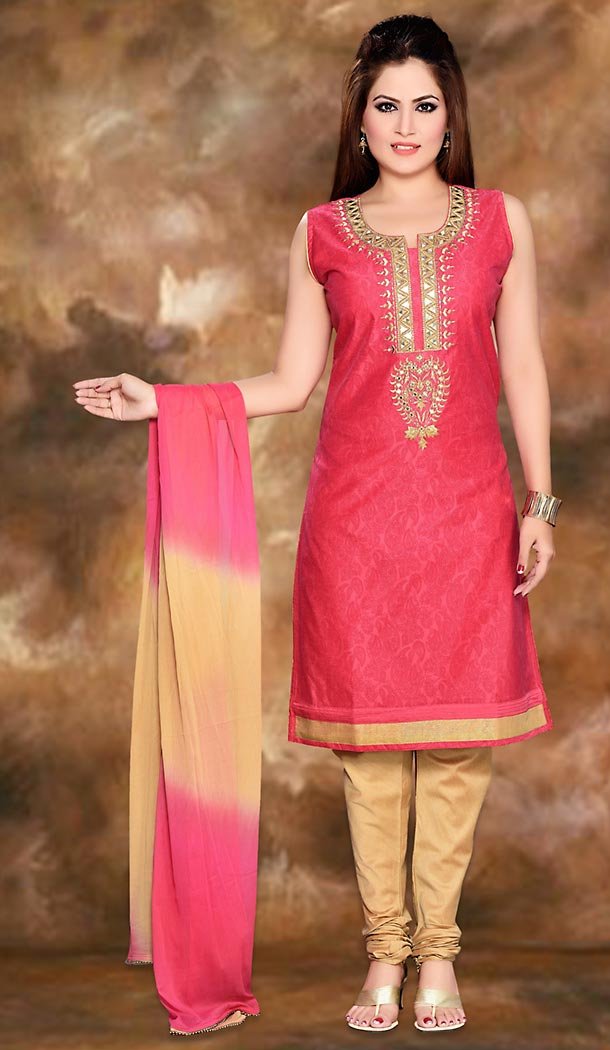 Deep Pink Color Cotton Silk Straight Cut Readymade Churidar Suit | FH496976135