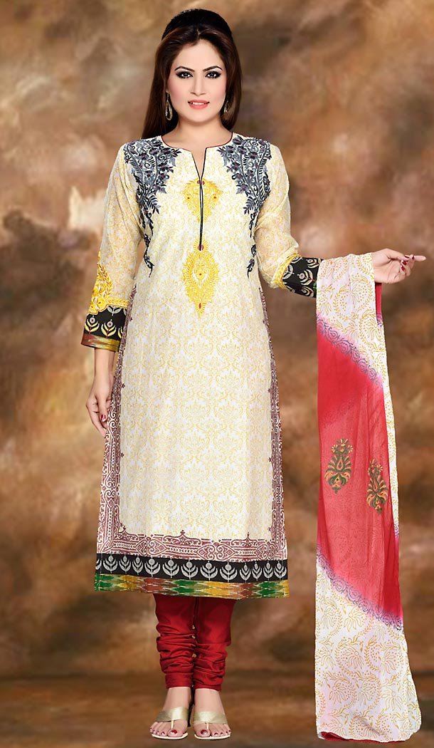 White Color Cotton Silk Straight Cut Readymade Churidar Suit | FH496976136