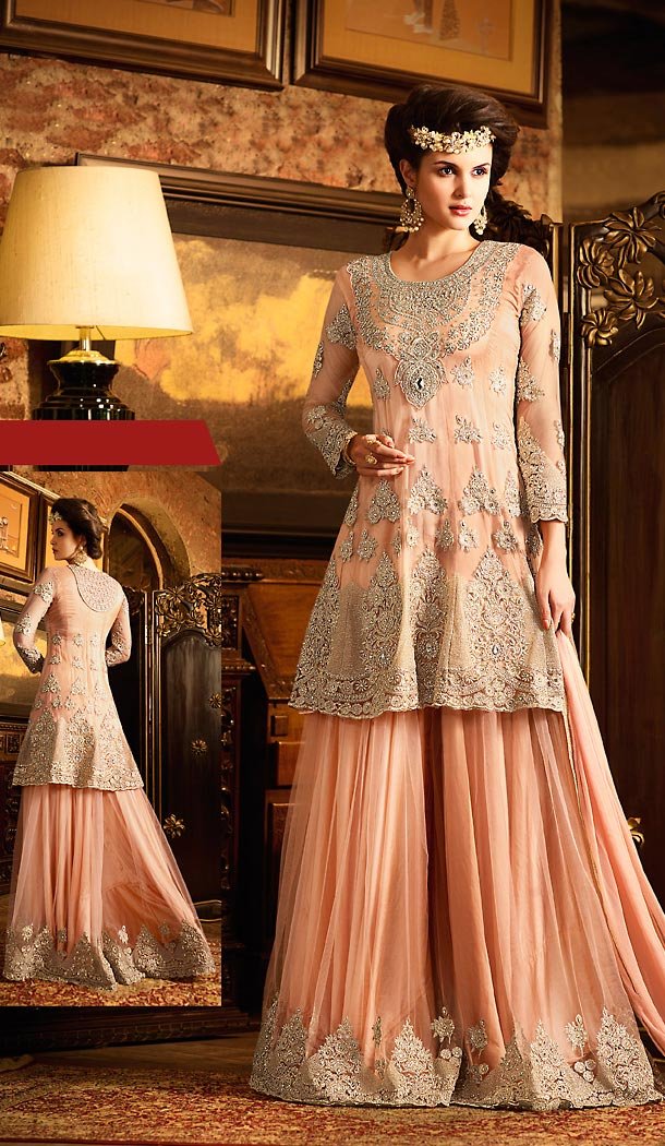 Apricot Color Net Designer A Line Style Palazzo Suit | FH498076290