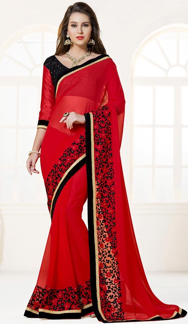 Red Color Georgette Contemporary Saree Blouse | FH498776365