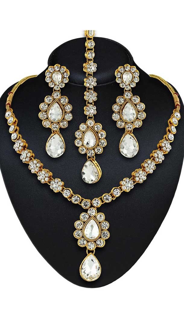 White,Gold Color American Diamond,Stone Work Fashion Necklaces Set | FH500776602
