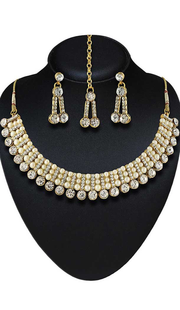 White,Gold Color American Diamond Work Artificial Necklaces Set | FH500876618
