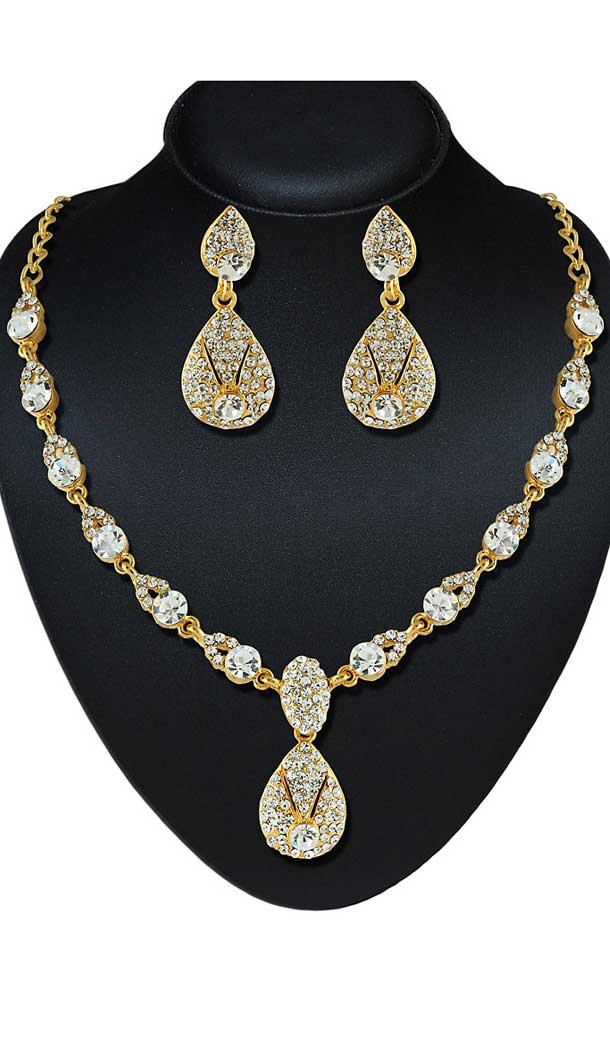 White Color American Diamond Work Artificial Necklaces Set | FH500976621