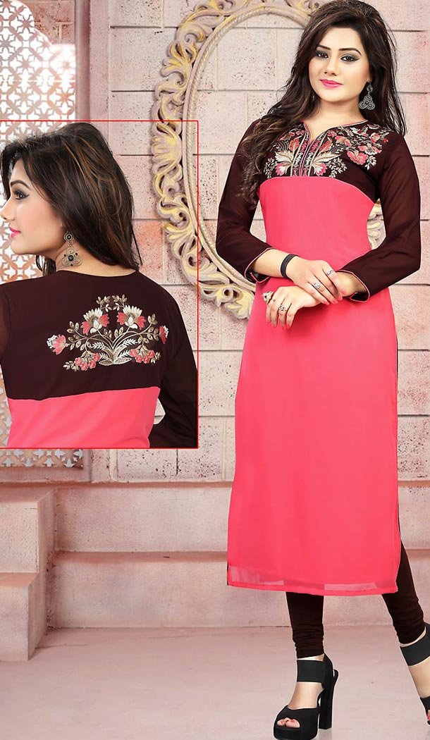 Pink Color Georgette Embroidery Readymade Kurtis | FH501676758