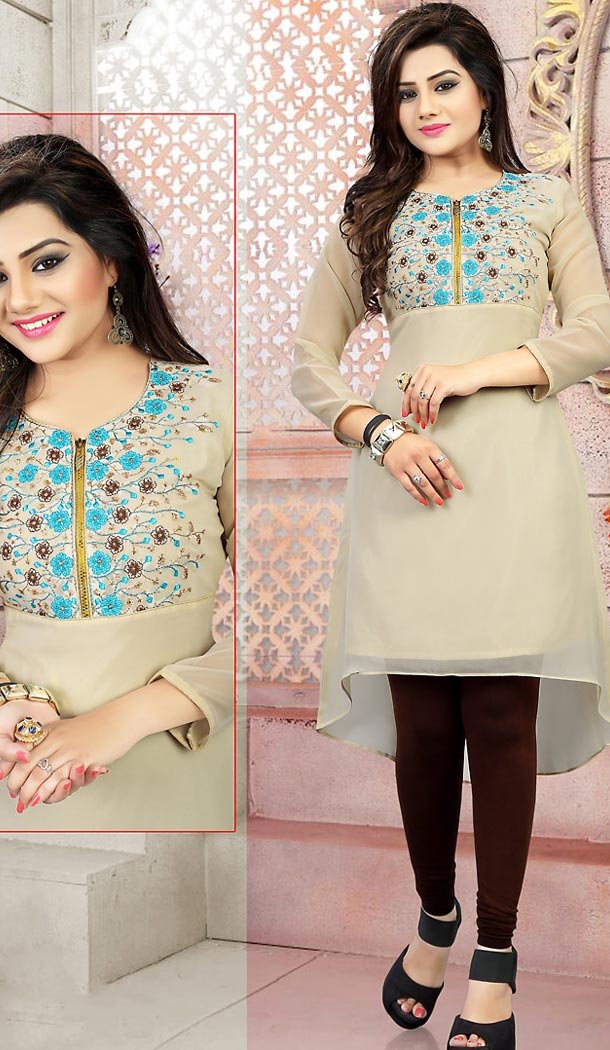 Beige Color Georgette Embroidery Readymade Kurtis | FH501676759