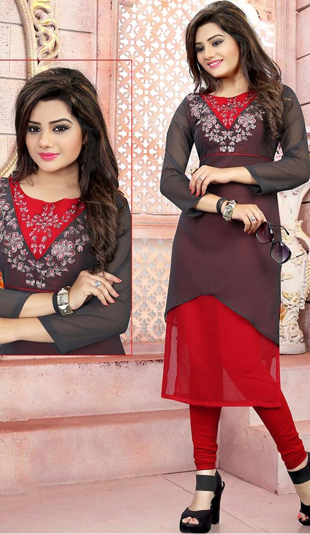 Slate Grey Color Georgette Embroidery Readymade Kurtis | FH501676762