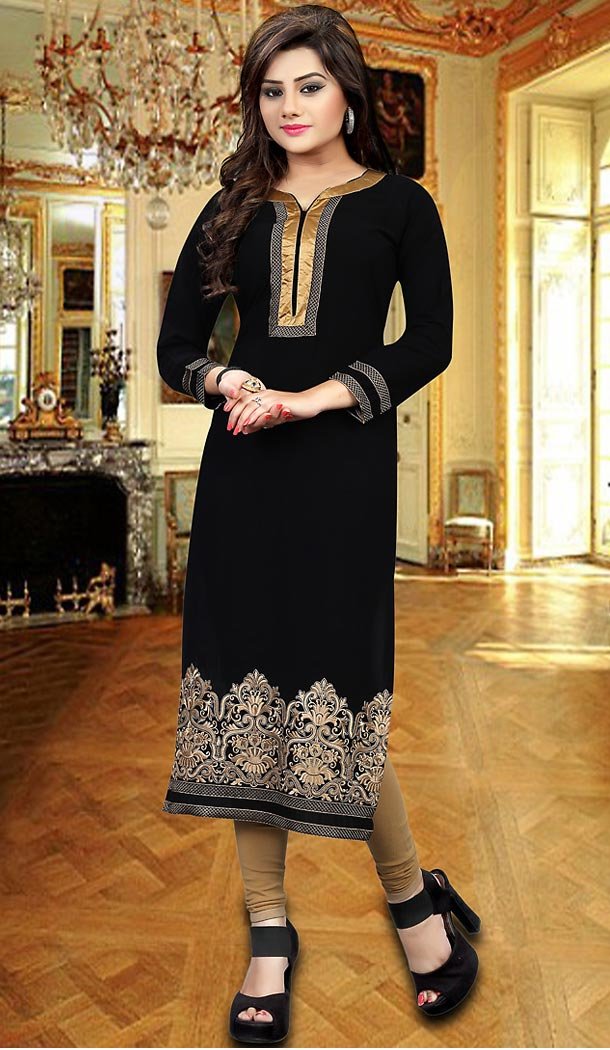 Black Color Georgette Embroidery Readymade Kurtis | FH501676765