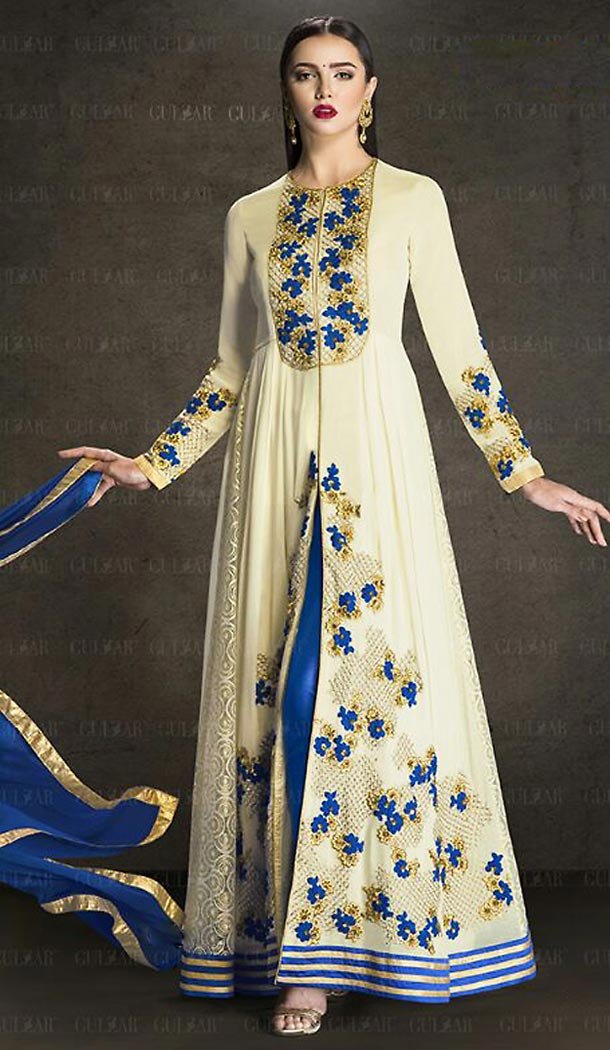 Cream Color Georgette Achkan Style Party Wear Churidar Kameez | FH501776675