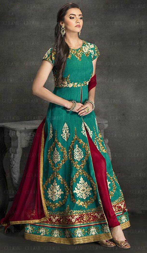 Emerald Color Silk Achkan Style Party Wear Churidar Kameez | FH501776679