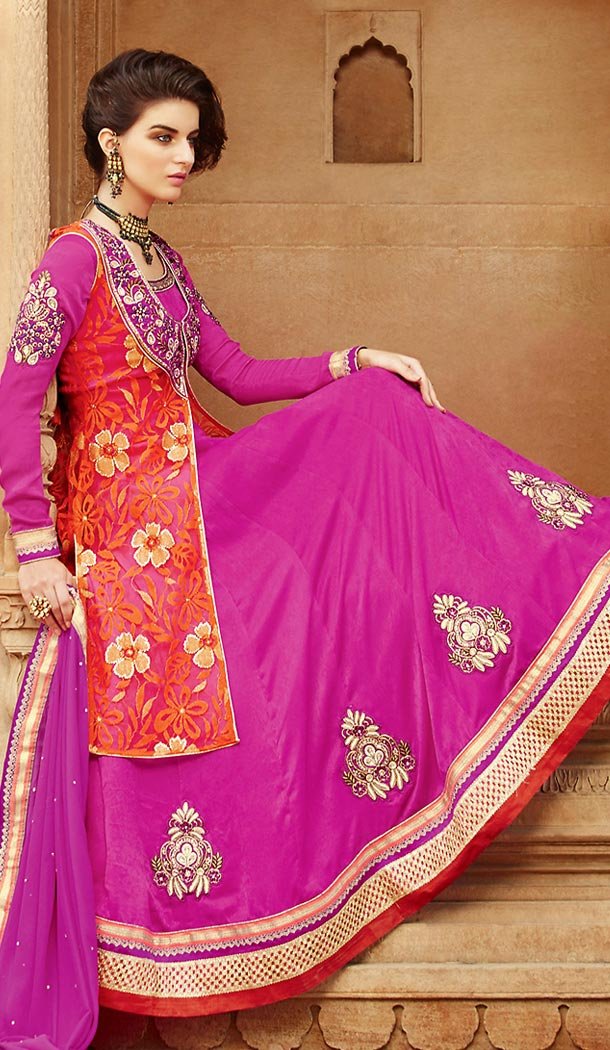 Deep Pink Color Jacquard Long Anarkali Style Churidar Kameez | FH501876684