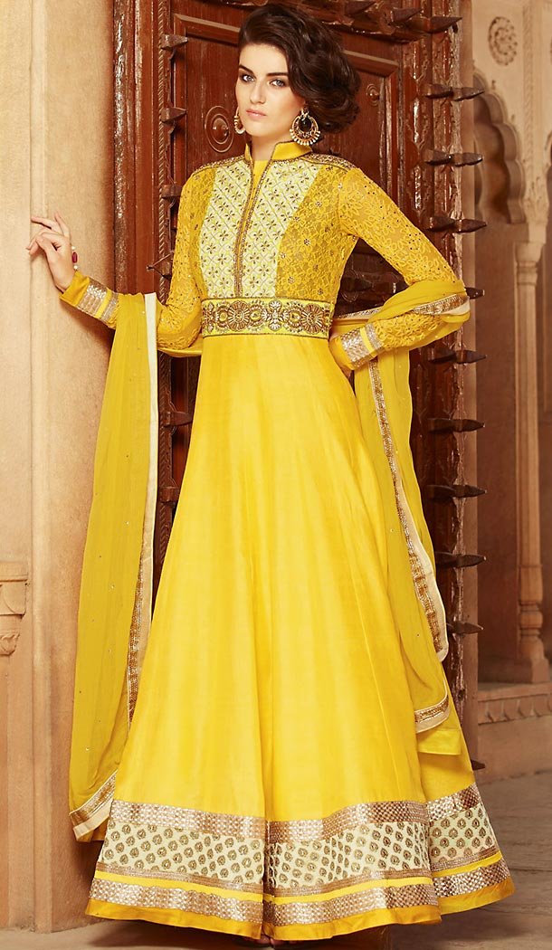 Yellow Color Georgette Long Anarkali Style Churidar Kameez | FH501876688