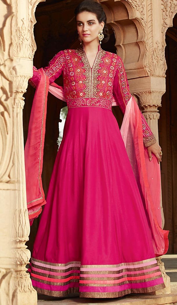 Deep Pink Color Georgette Long Anarkali Style Churidar Kameez | FH501876689