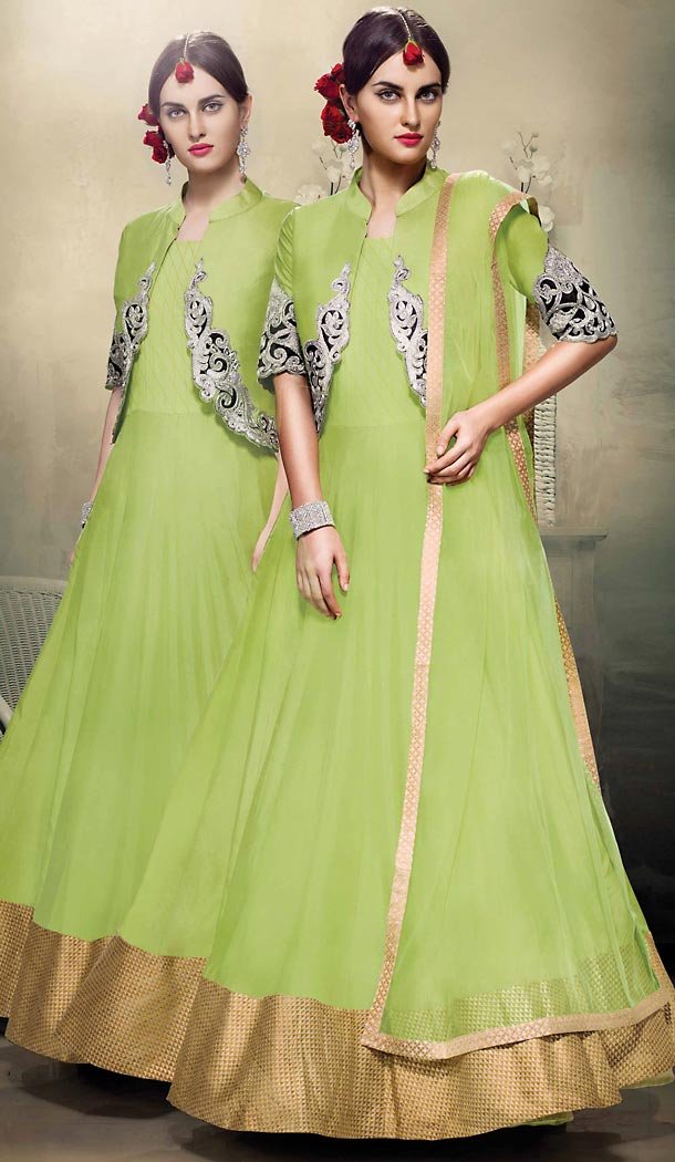 Parrot Green Color Silk Anarkali Style Salwar Kameez | FH502076700
