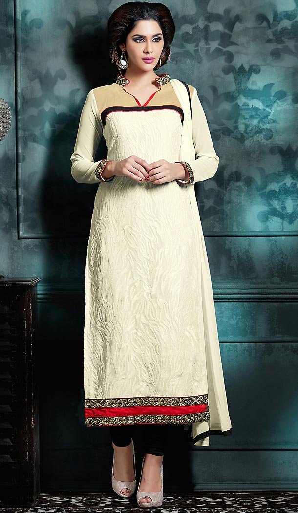 Off White Color Georgette Straight Cut Style Casual Salwar Kameez | FH503276870