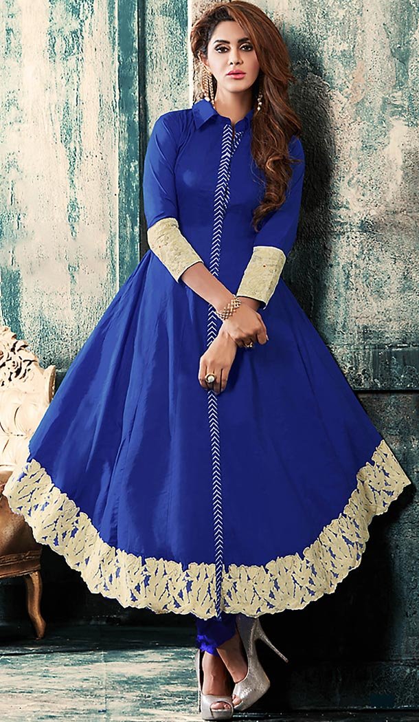 Deep Blue Color Cotton Anarkali Style Churidar Suit | FH503476876