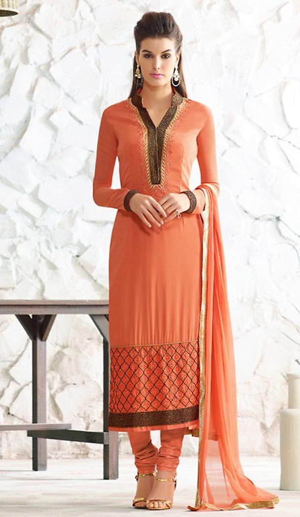 Orange Color Georgette Straight Cut Style Salwar Kameez | FH504877021
