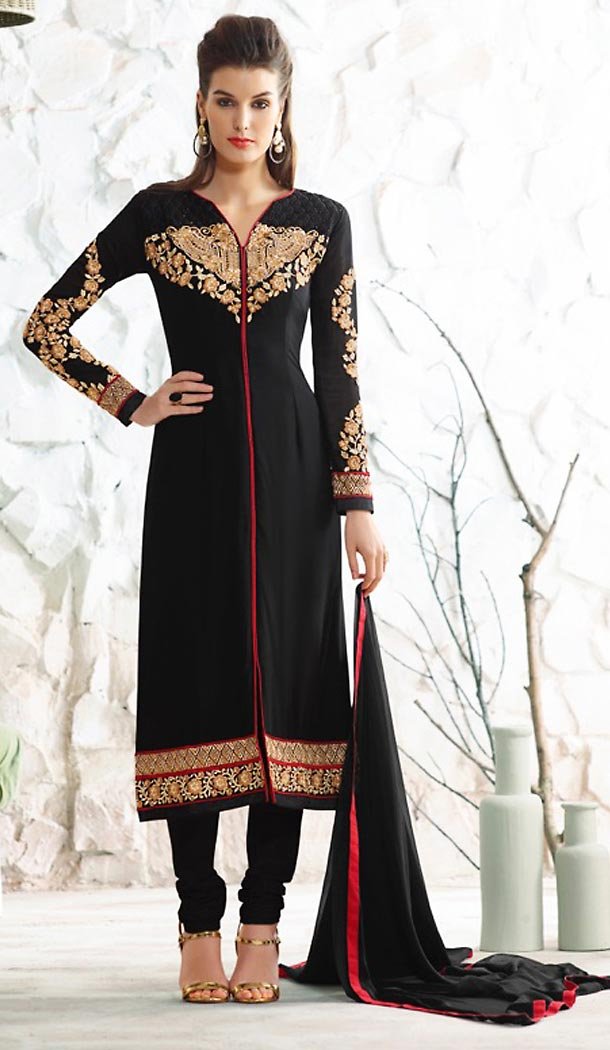 Black Color Georgette Achkan Style Salwar Kameez | FH504877022