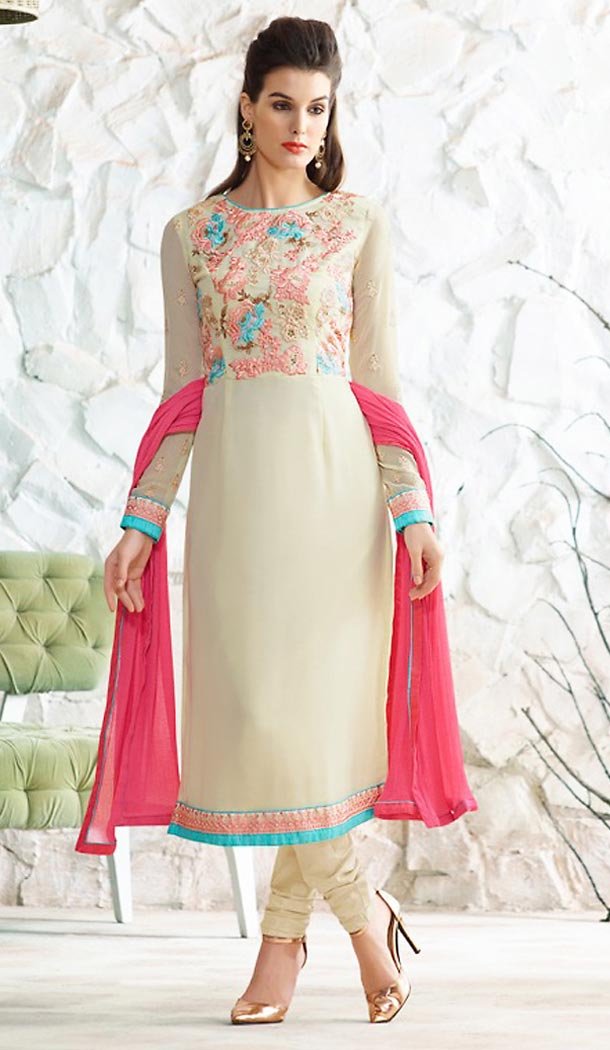Cream Color Georgette Straight Cut Style Salwar Kameez | FH504877026