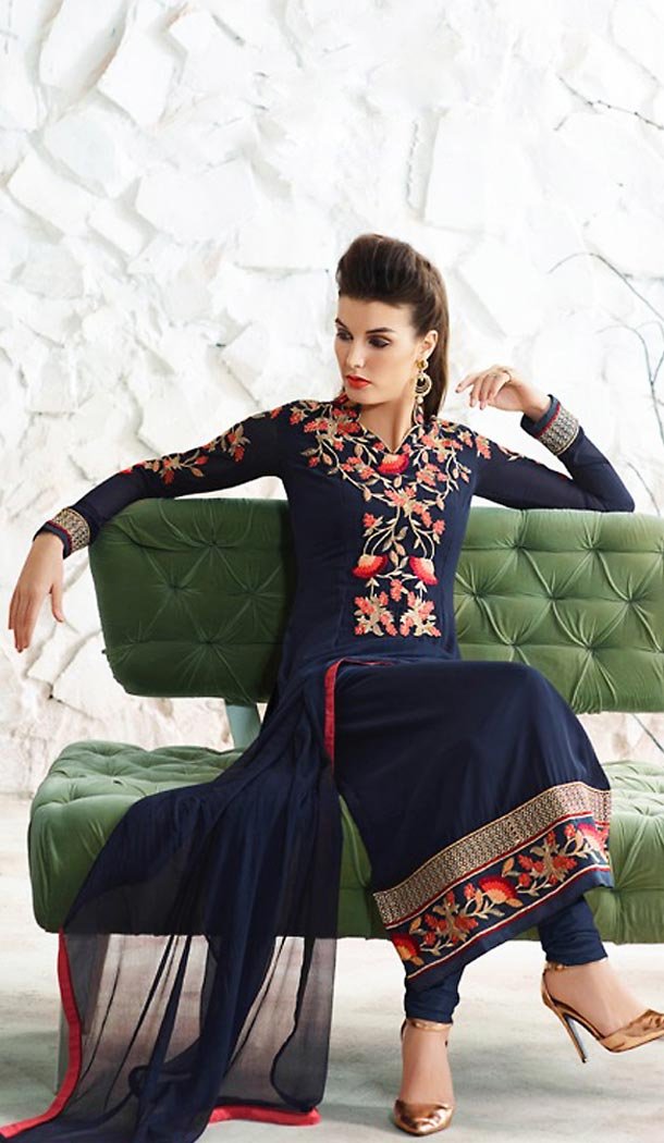 Navy Blue Color Georgette Straight Cut Style Salwar Kameez | FH504877027