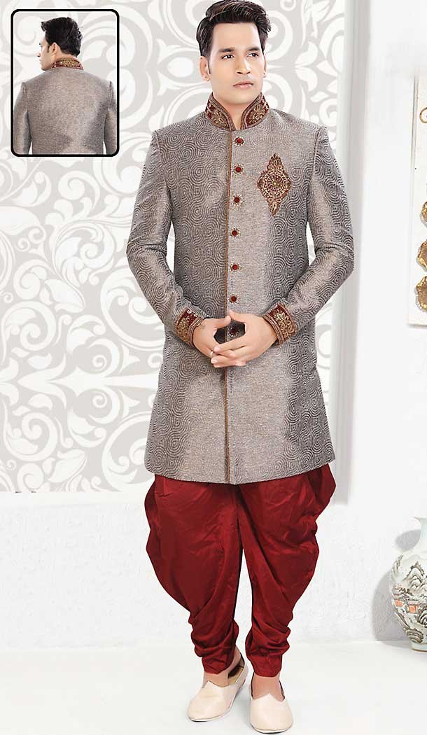Dove Color Jute Indo Western Style Mens Wear Suit | FH507277311