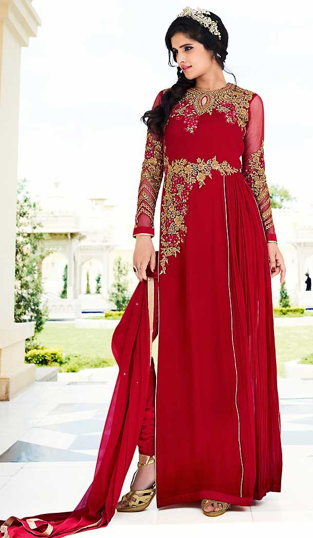 Red Color Georgette Straight Cut Style Party Salwar Kameez | FH508177407