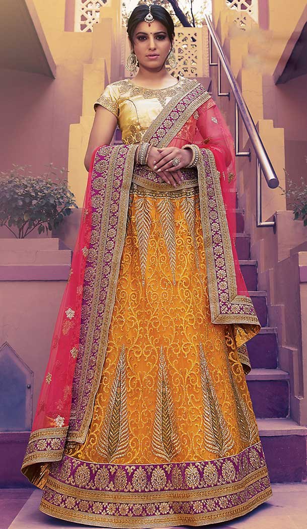 Butter Scotch Color Net Circular Style Wedding Lehenga Choli | FH508277419