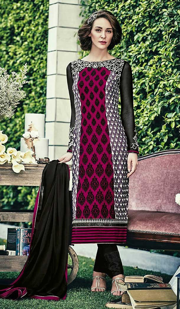 Magenta Color Chiffon Straight Cut Style Narrow Pants Suit | FH509277563